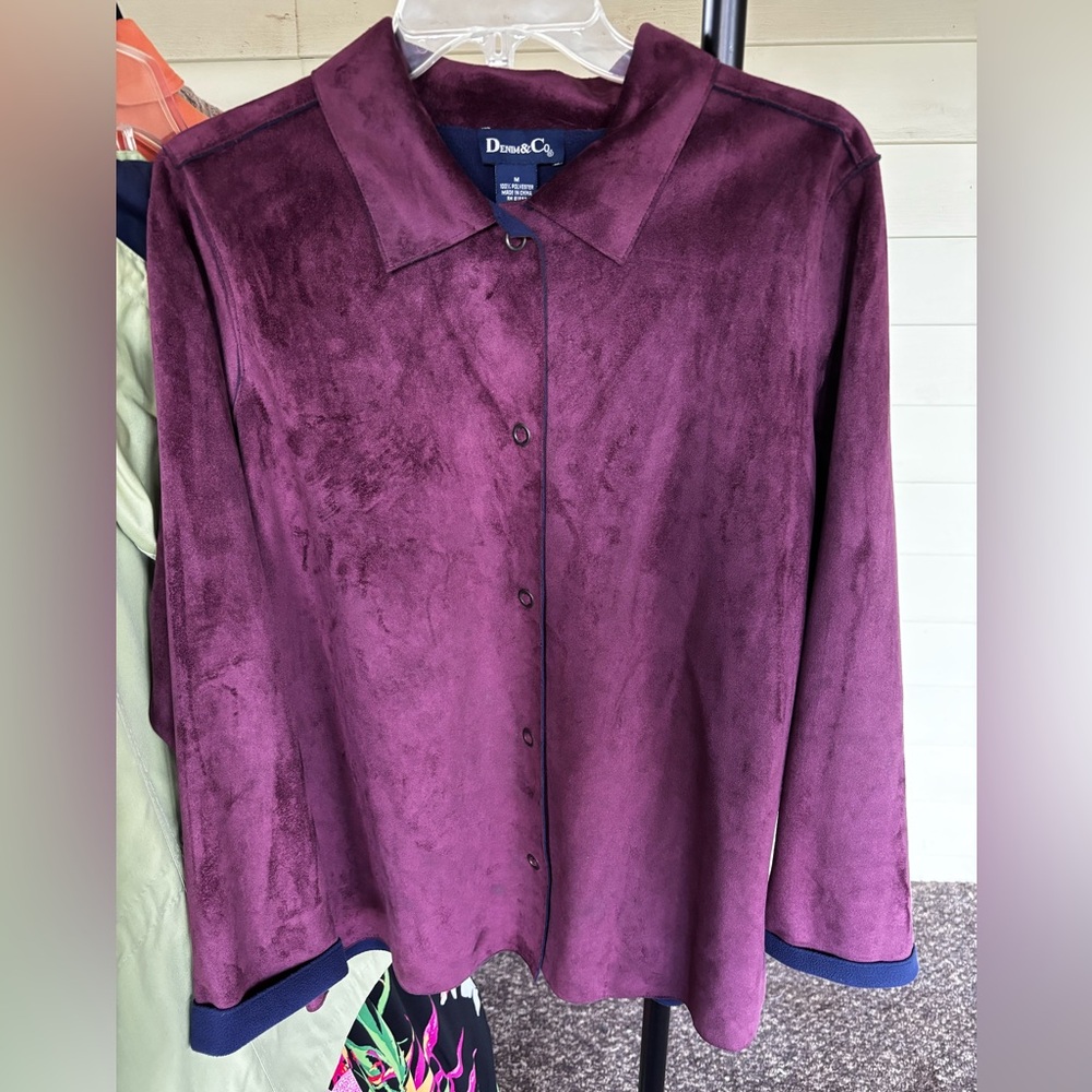 Denim&Co Rich Plum Button-Up Velvet Blouse